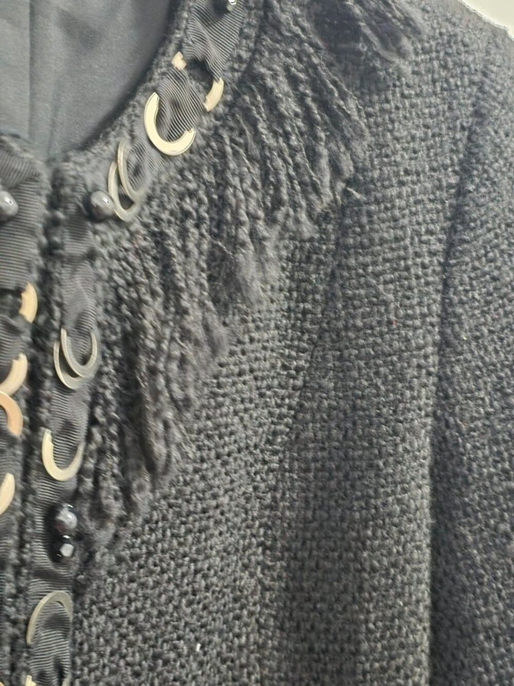 Chicos Size 0 Black Textured Prena Jacket With Beaded & Metal Ring - Picture 8 of 12